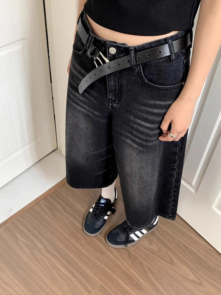 High Waist Black Retro Washed Denim Shorts Women&
