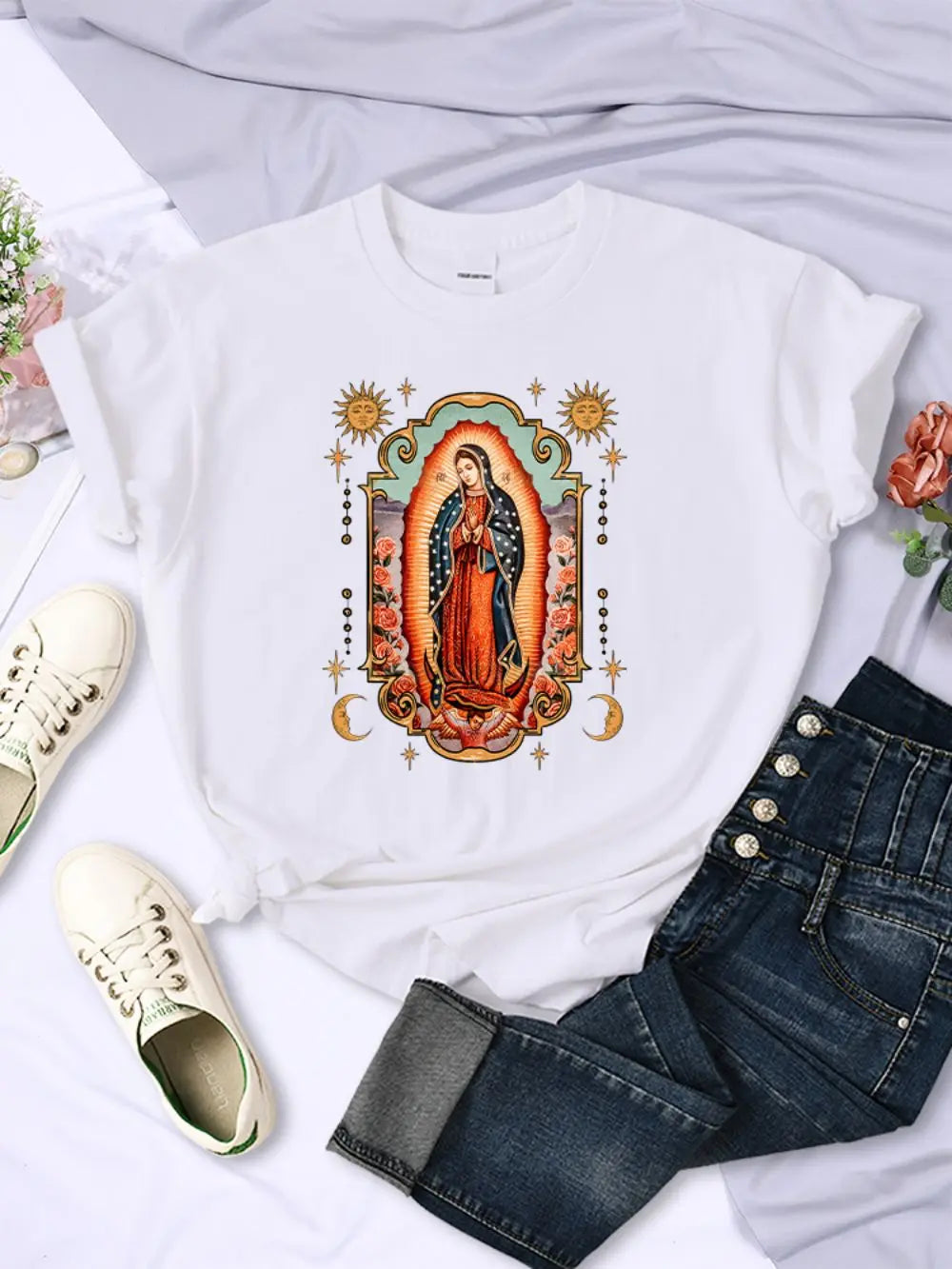 Street T-Shirts Our Lady of Guadalupe Printed Tee Shirts Comfortable O-Neck Short Sleeve Summer Casual Female Clothes