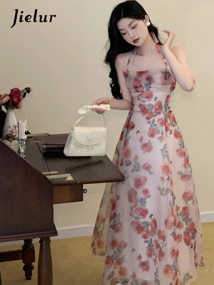 Jielur Floral Chiffon Vintage Halter Backless Dress