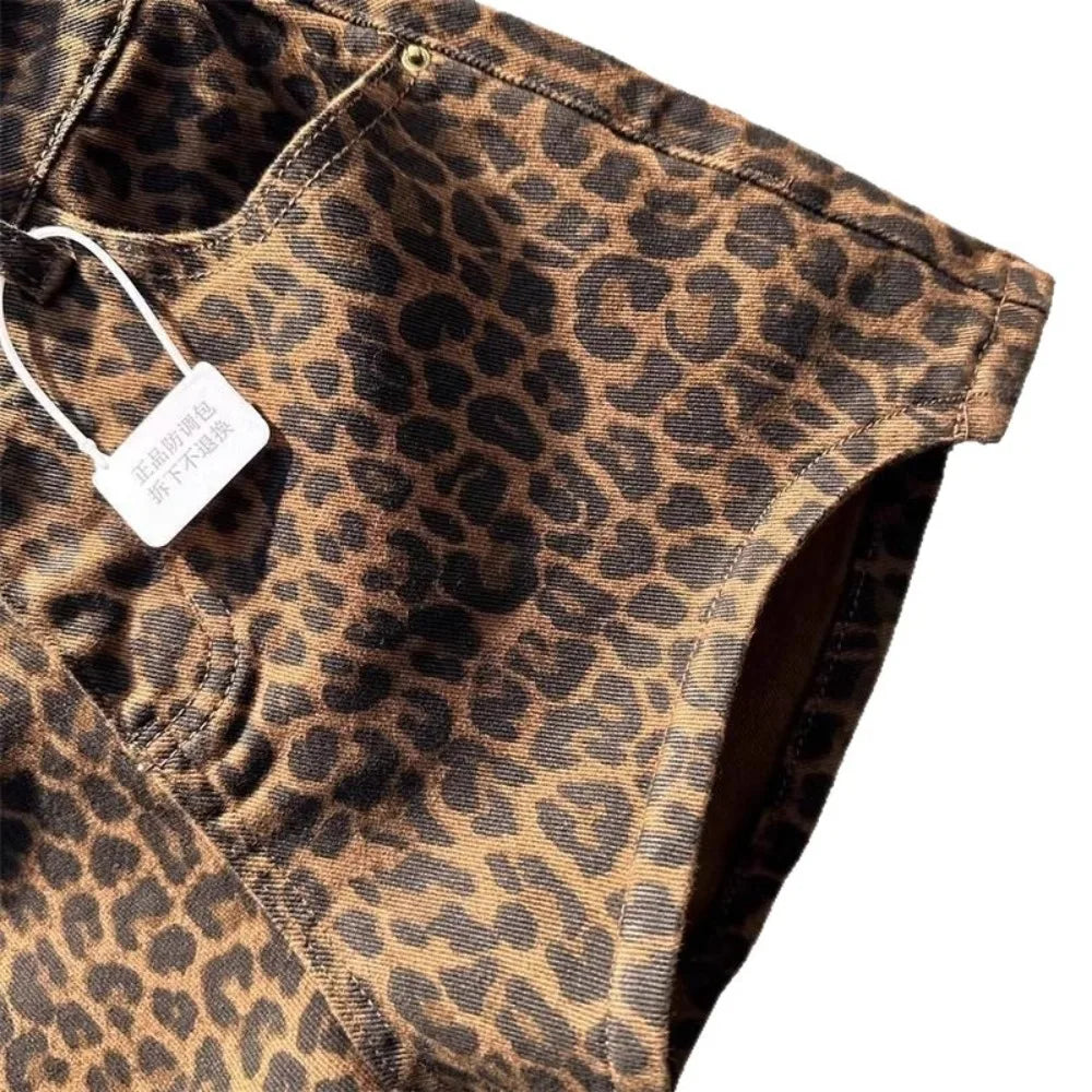 2025 Leopard Print High Waist Denim Shorts Women&