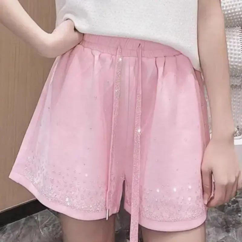 Plus Size Y2K Pink Shine Rhinestone Women’s Shorts | High-Waist Summer Hot Shorts