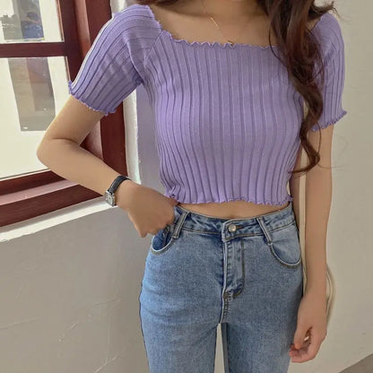 Women’s Off-Shoulder Knitted Slim Fit Knitted Short Sleeve Y2K Tee