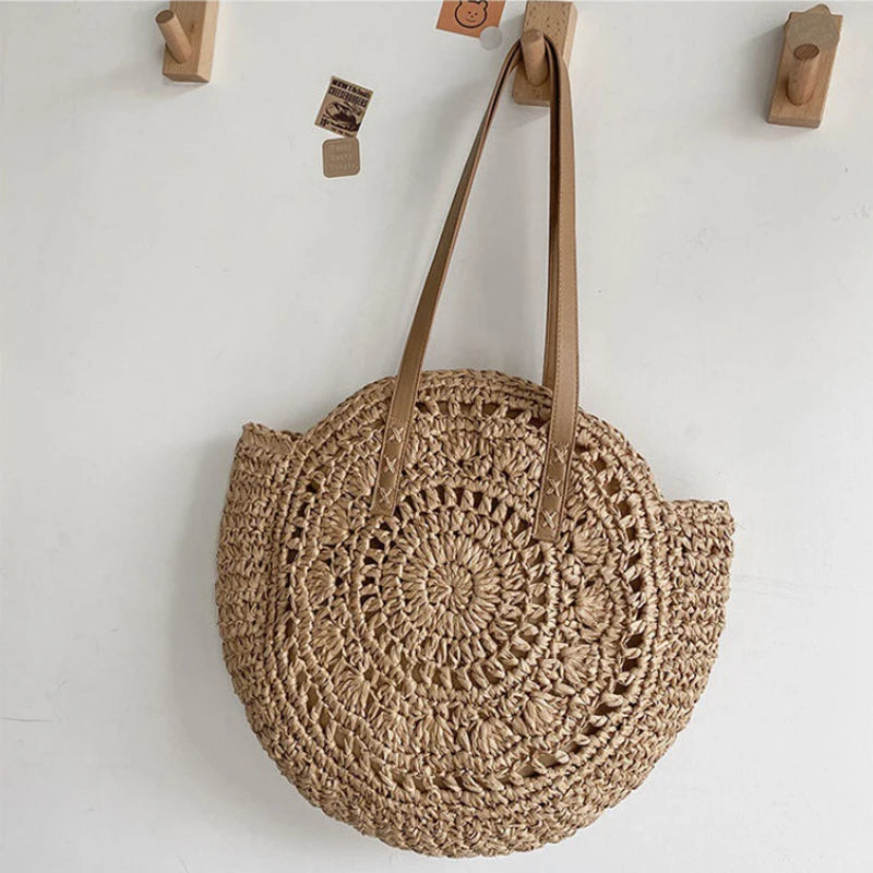 Women’s Round Straw Woven Beach Tote Shoulder Bag