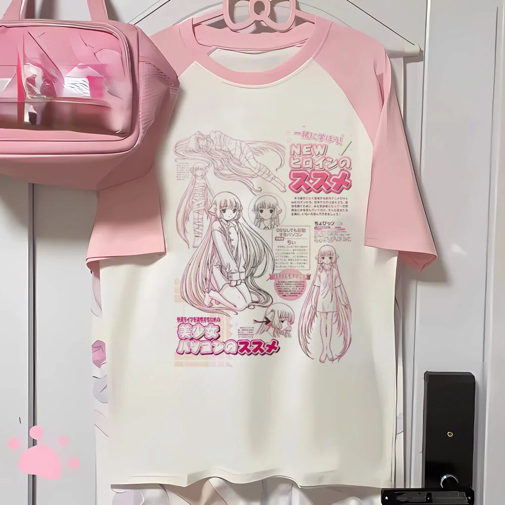 Women’s Kawaii Vintage Cartoon Tee with O-Neck
