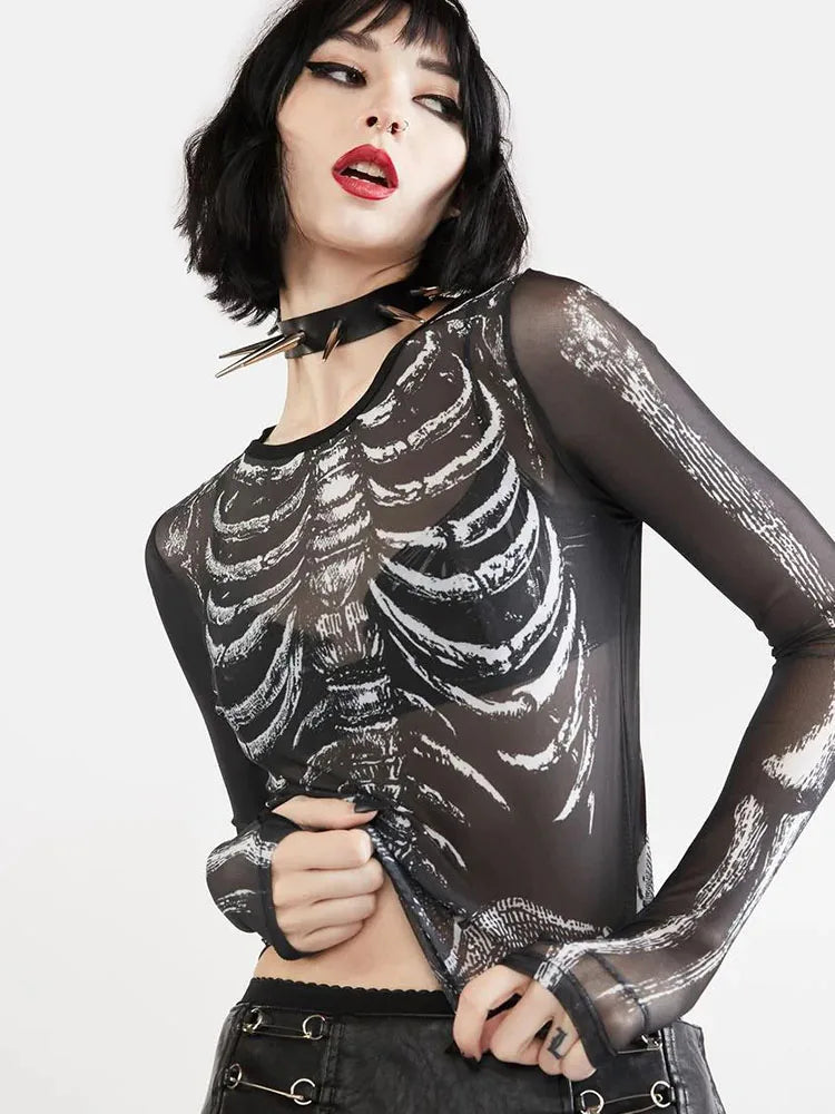 Gothic Punk Shirt Women Skeleton Pattern Crop Top