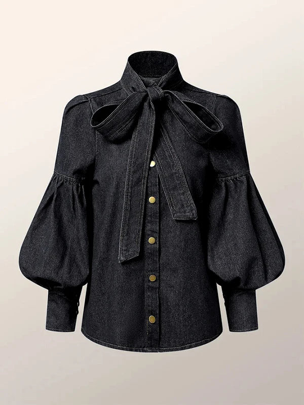 Gymystars New Trendy Imitation Denim Blouse Tops for Women Long Puff Sleeves Bow-Embellished High Neck Women&
