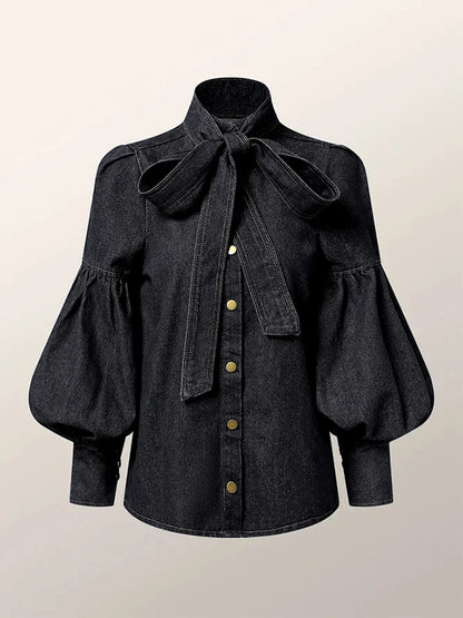 Gymystars New Trendy Imitation Denim Blouse Tops for Women Long Puff Sleeves Bow-Embellished High Neck Women&