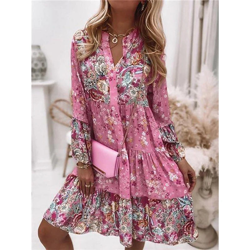 Floral V Neck Dress Long Sleeve Boho Beach