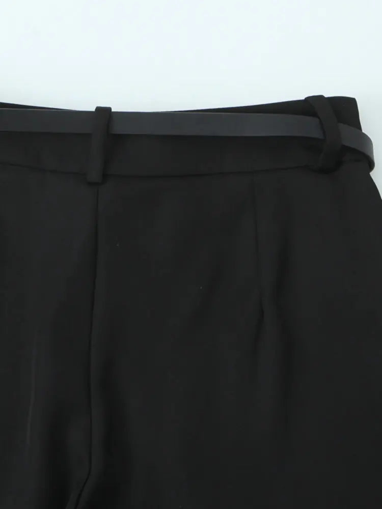 Vintage High-Waist Straight Trousers with Belt | Knee-Length Wide Leg Pants