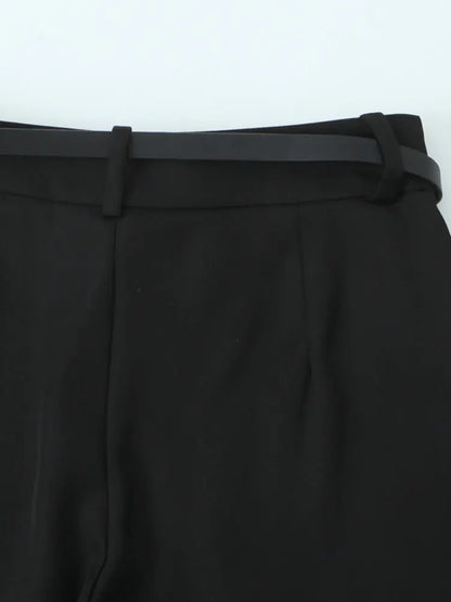 Vintage High-Waist Straight Trousers with Belt | Knee-Length Wide Leg Pants