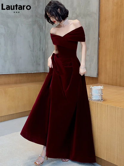 Lautaro Spring Long Luxury Elegant Wine Red Velvet Evening Dress
