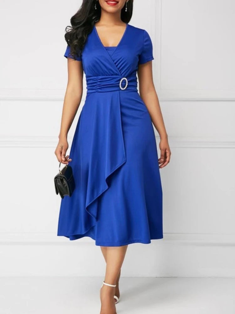 Elegant Women’s Solid Color V-Neck Asymmetric Hem Midi Dress