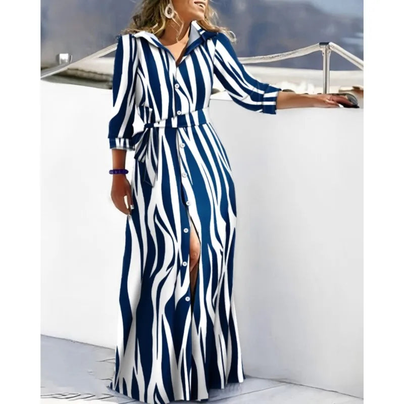 Print Lace-Up Maxi Dress – Long Sleeve, Turn-Down Collar