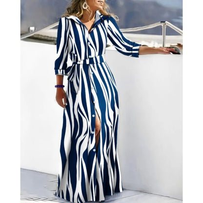 Print Lace-Up Maxi Dress – Long Sleeve, Turn-Down Collar