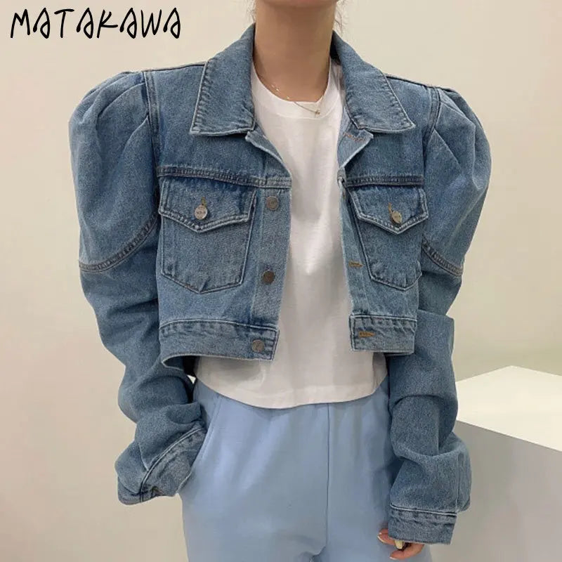 Matakawa Short Jackets Women Solid Autumn Puff Sleeve Vintage Korean Fashion  Denim Chaquetas Simple Elegant Veste Femme