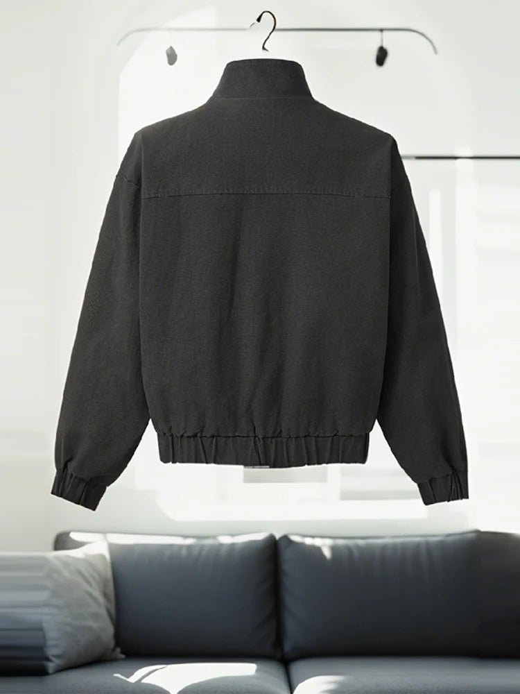 Fashion Black Jean Single Breasted Coats Lady Chic Long Sleeve High Collar Zipper Pocket Jackets 2025 New Daily Club Street Wear