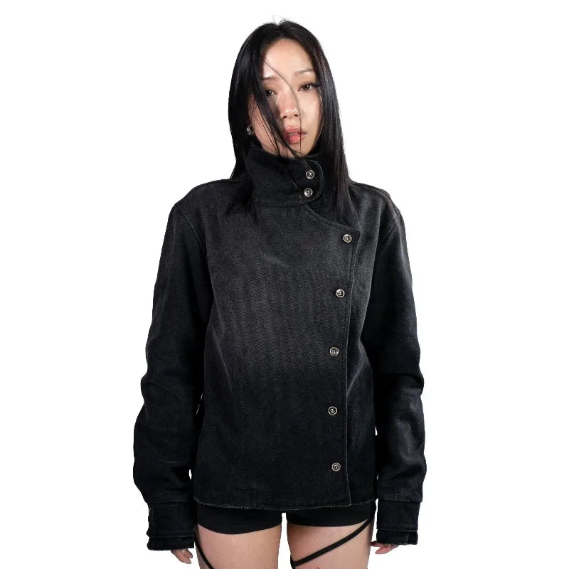New Trendy Men Womens Black Asymmetrical Collar Short Jacket Y2K Retro Denim Coat Casual Fashion Harajuku Stand Up Collar Coat