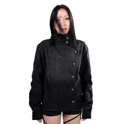 New Trendy Men Womens Black Asymmetrical Collar Short Jacket Y2K Retro Denim Coat Casual Fashion Harajuku Stand Up Collar Coat
