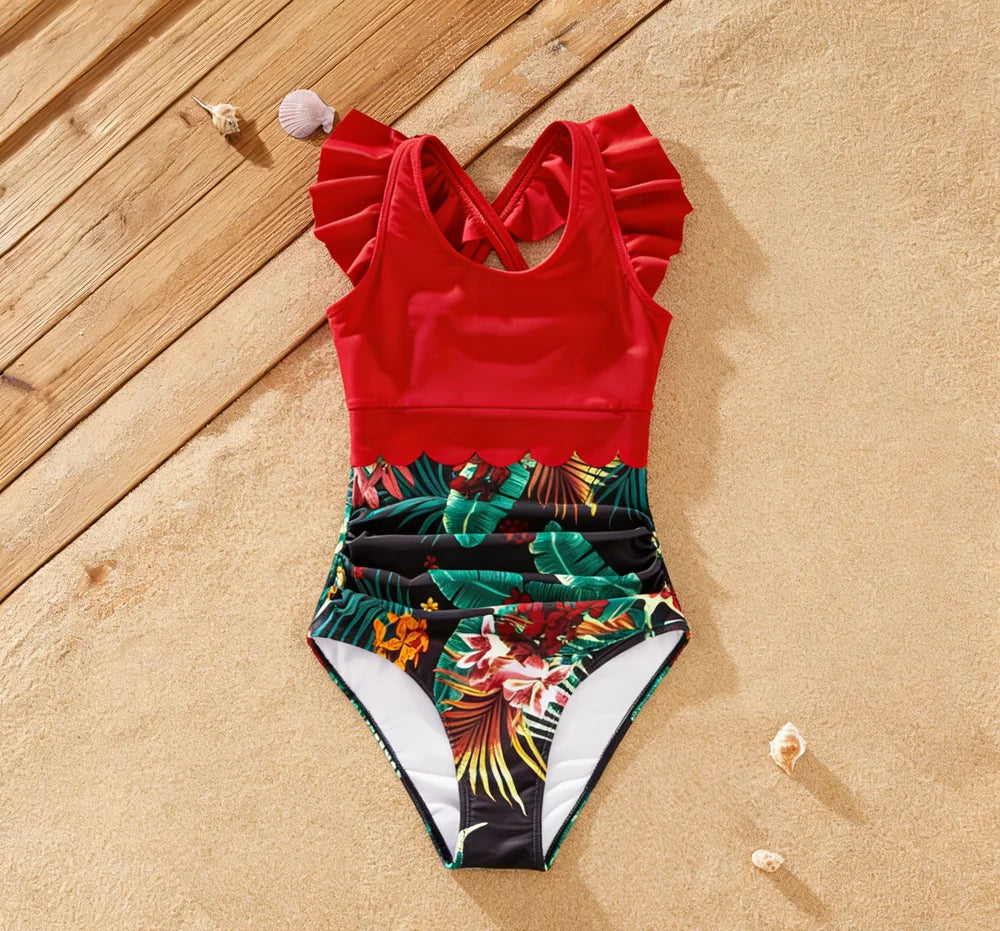 Family Matching Tropical Floral Print Swimwear Set: Dad Shorts, Mom One-Piece, Kid Swimsuit