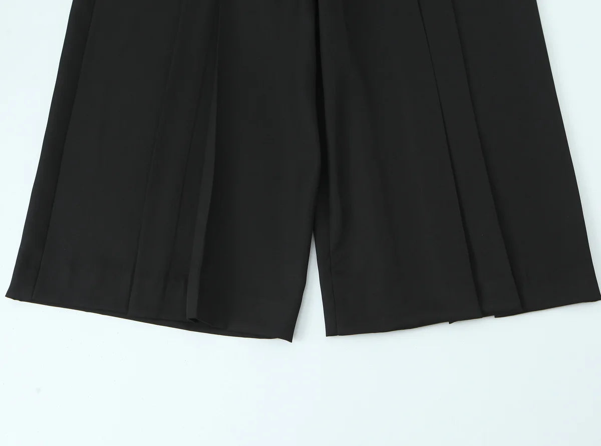 Vintage High-Waist Straight Trousers with Belt | Knee-Length Wide Leg Pants