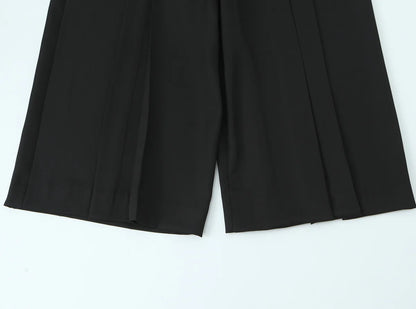 Vintage High-Waist Straight Trousers with Belt | Knee-Length Wide Leg Pants