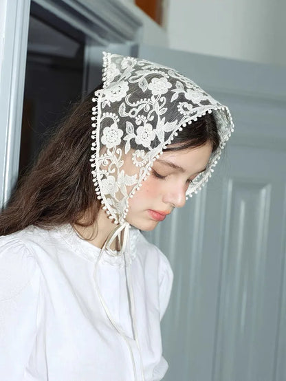 White Woven Floral Lace Hair Scarf