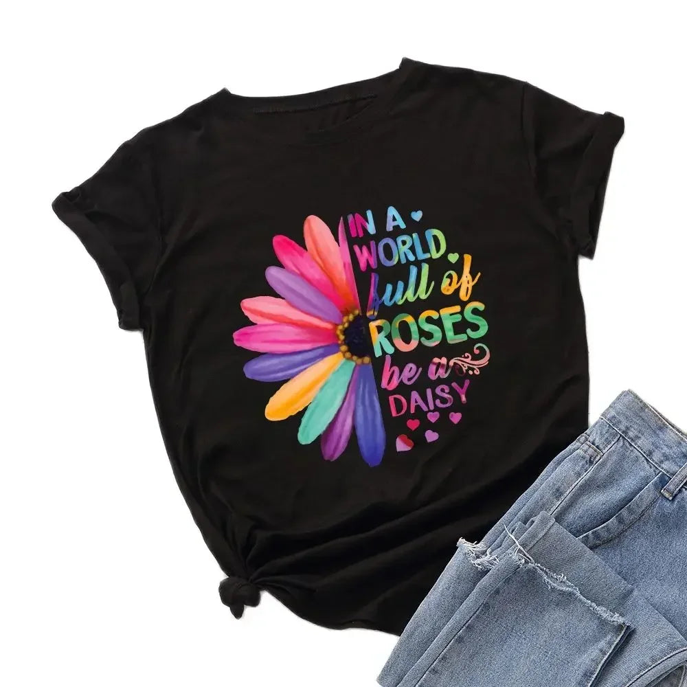 Women’s Daisy &amp; Sunflower Print T-Shirt | Loose Short Sleeve Oversized Tee