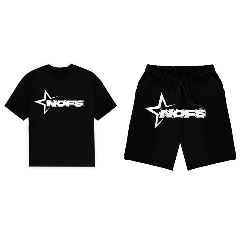 Men New Fashion Letter Graphics T-shirt Hip-hop Punk Summer Short Sleeve American Street Tops Shorts Set Y2K 2024 Men&