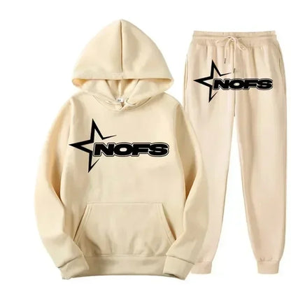 Streetwear NOFS Star Print Tracksuit Black Hoodie and Joggers Set for Men Women