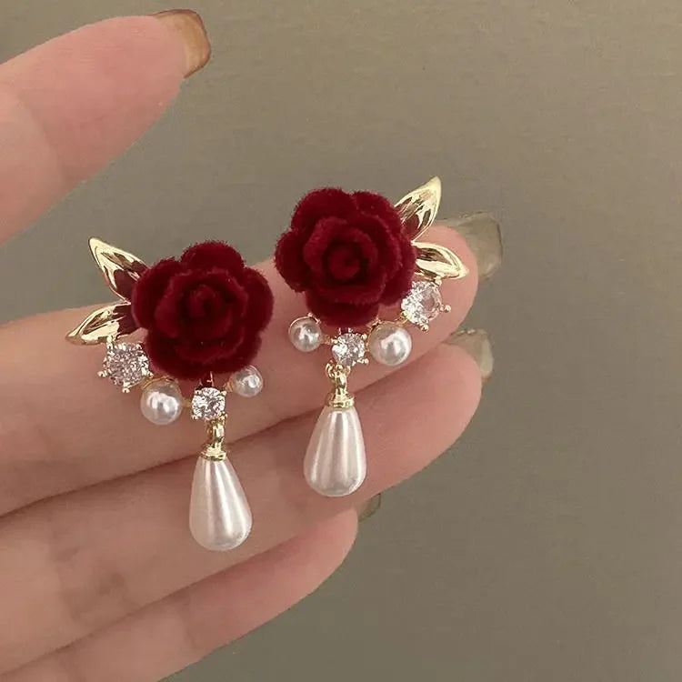 Wine Red Velvet Rose Pearl Earrings for Women