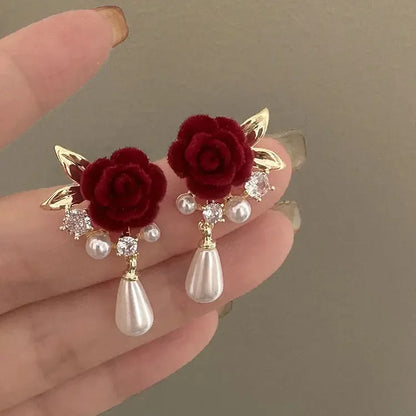 Wine Red Velvet Rose Pearl Earrings for Women