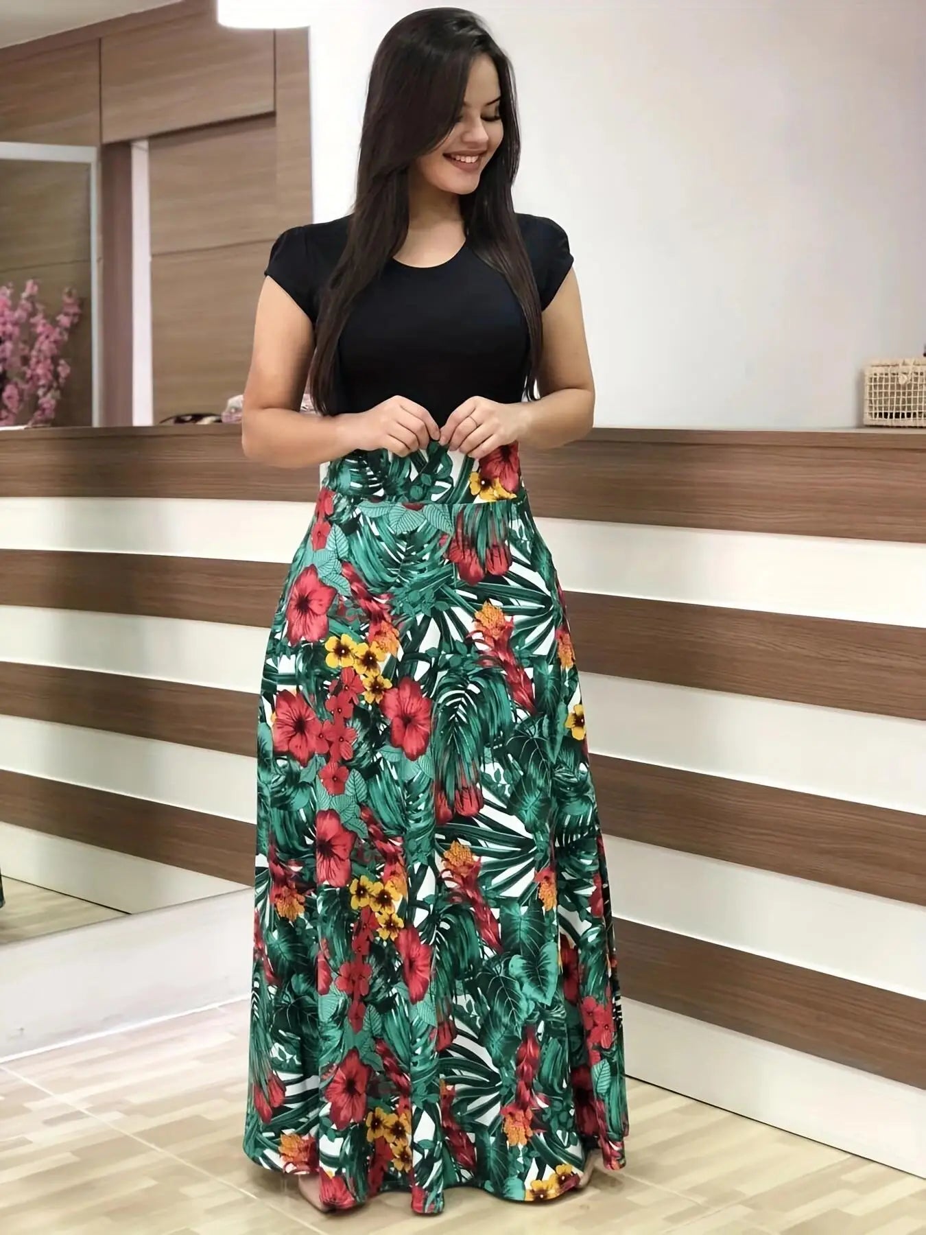 European and American Style Flower Print Dress