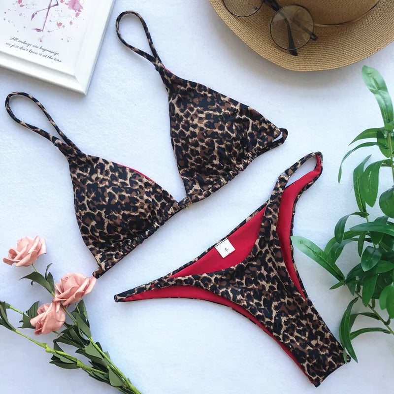 High Cut Leopard Print Push Up Bikini