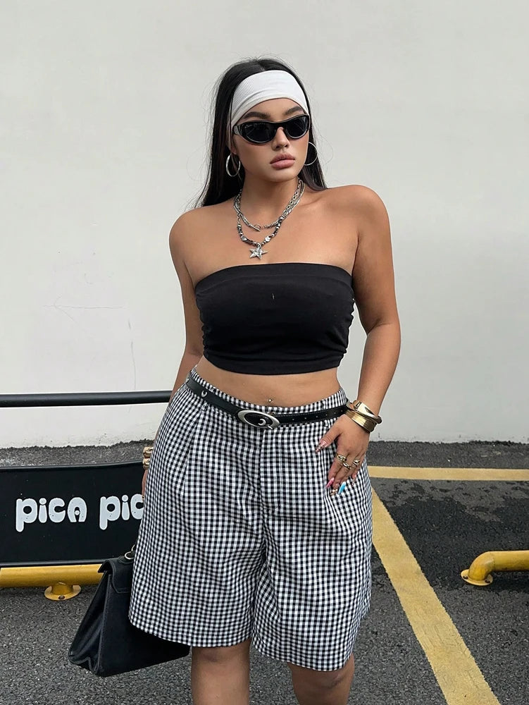 Ladies Plus Size Casual Plaid Shorts | Wide Leg Button Fly Summer Trousers