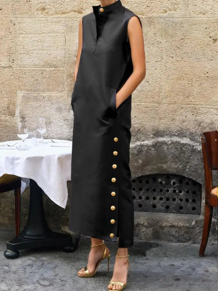 Yeezzi Women Fashion Split-Side Buttoned Stand Collar Evening Dress