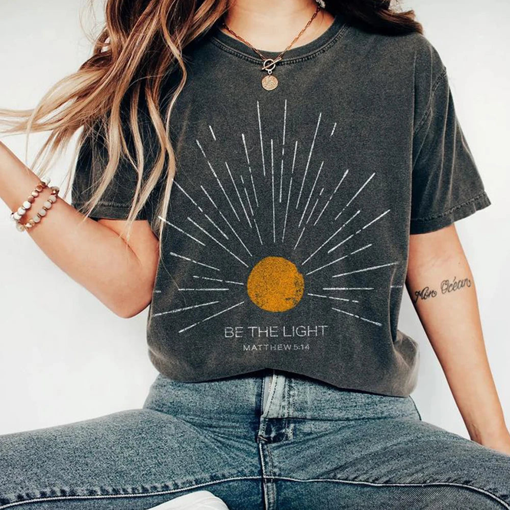 Be The Light Mathew 5 14 Sunburst T-Shirt Vintage Bible Verse Shirt Christian Tshirt Sun Tee Boho Top Inspirational Gift