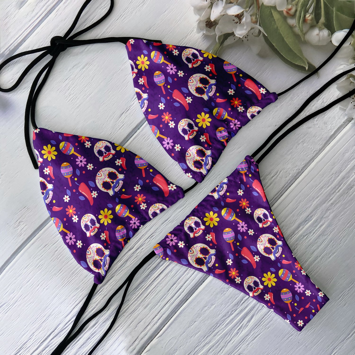 Skull Print Backless Bikini Set