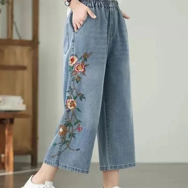 Artistic retro Heavy industry Embroidered Denim Wide leg Pants Spring Summer 2025 New Women&