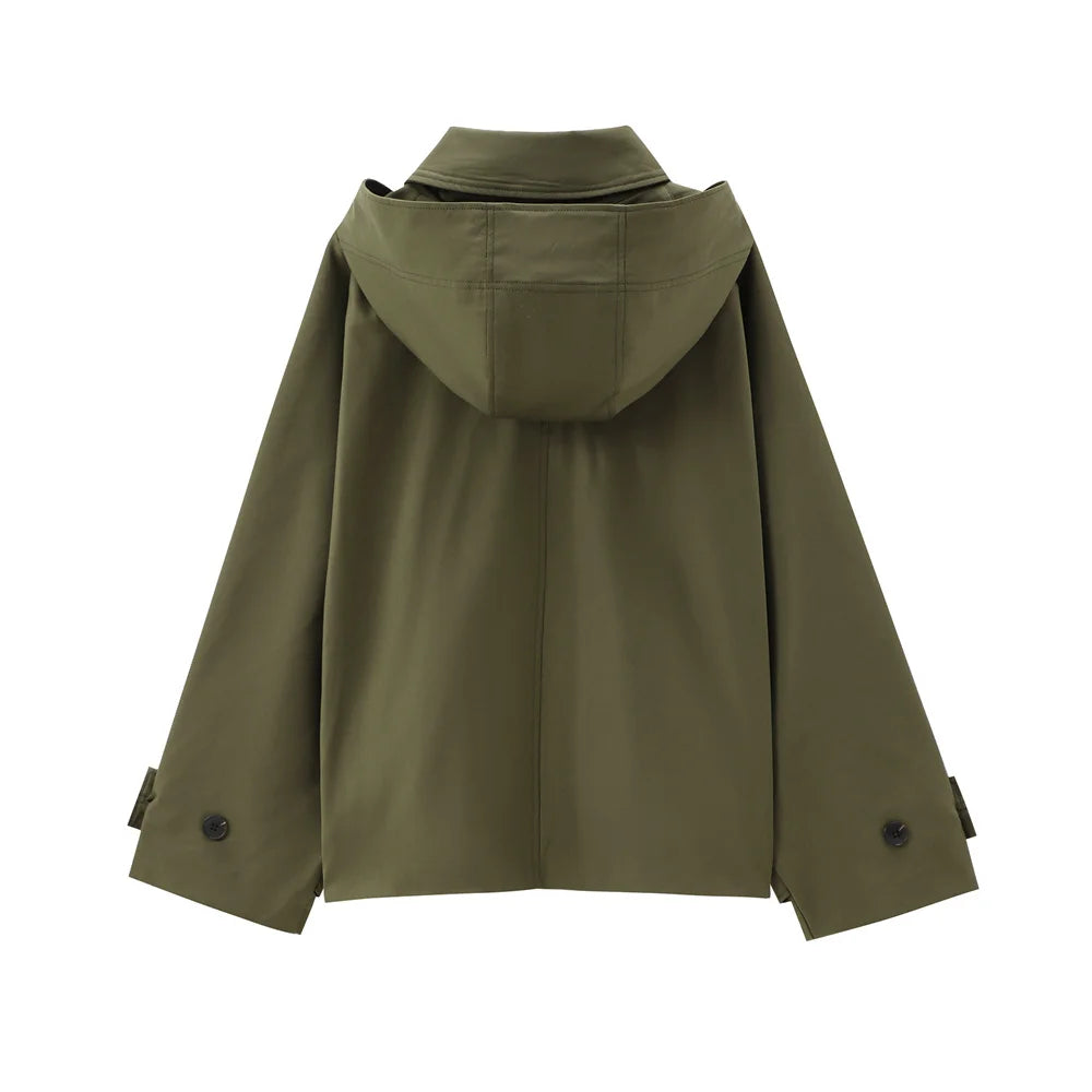 Autumn new European and American style hooded long sleeved lapel jacket single breasted trench coat short jacket