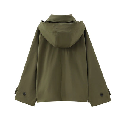 Autumn new European and American style hooded long sleeved lapel jacket single breasted trench coat short jacket
