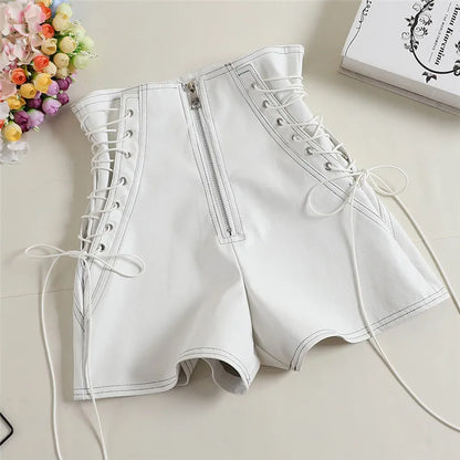 Women’s High-Waist PU Leather Shorts | Casual Wide-Leg Bow Detail