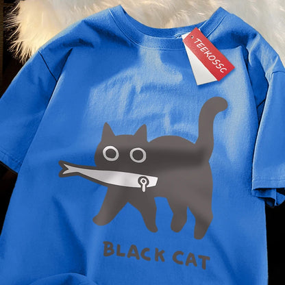 Japanese Style Cat Print Cotton T-Shirt