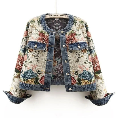 Chinese retro jacquard long-sleeved round neck denim jacket women&