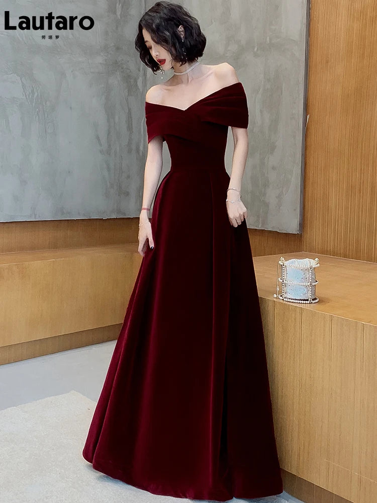 Lautaro Spring Long Luxury Elegant Wine Red Velvet Evening Dress