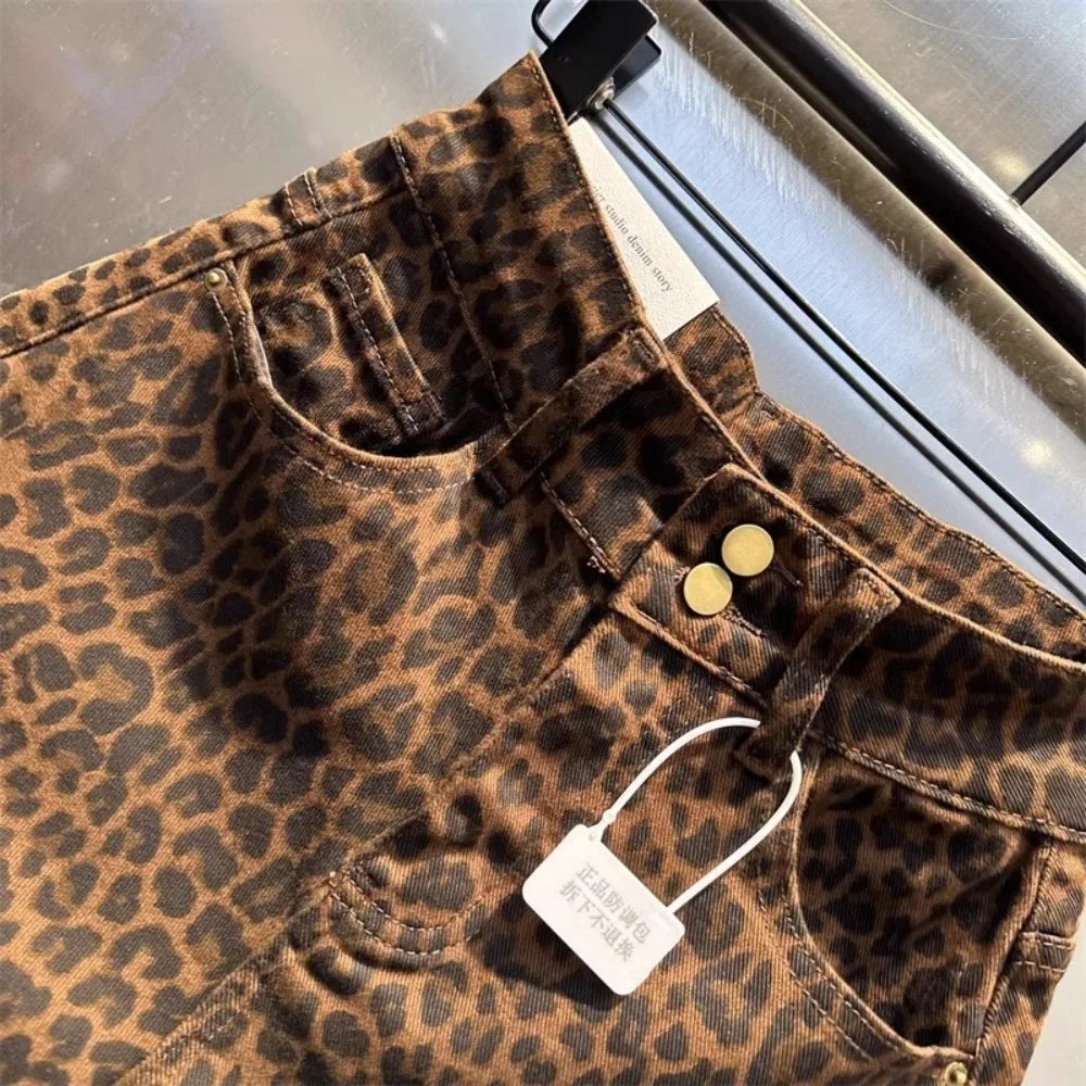 2025 Leopard Print High Waist Denim Shorts Women&