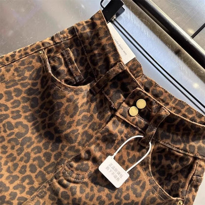 2025 Leopard Print High Waist Denim Shorts Women&