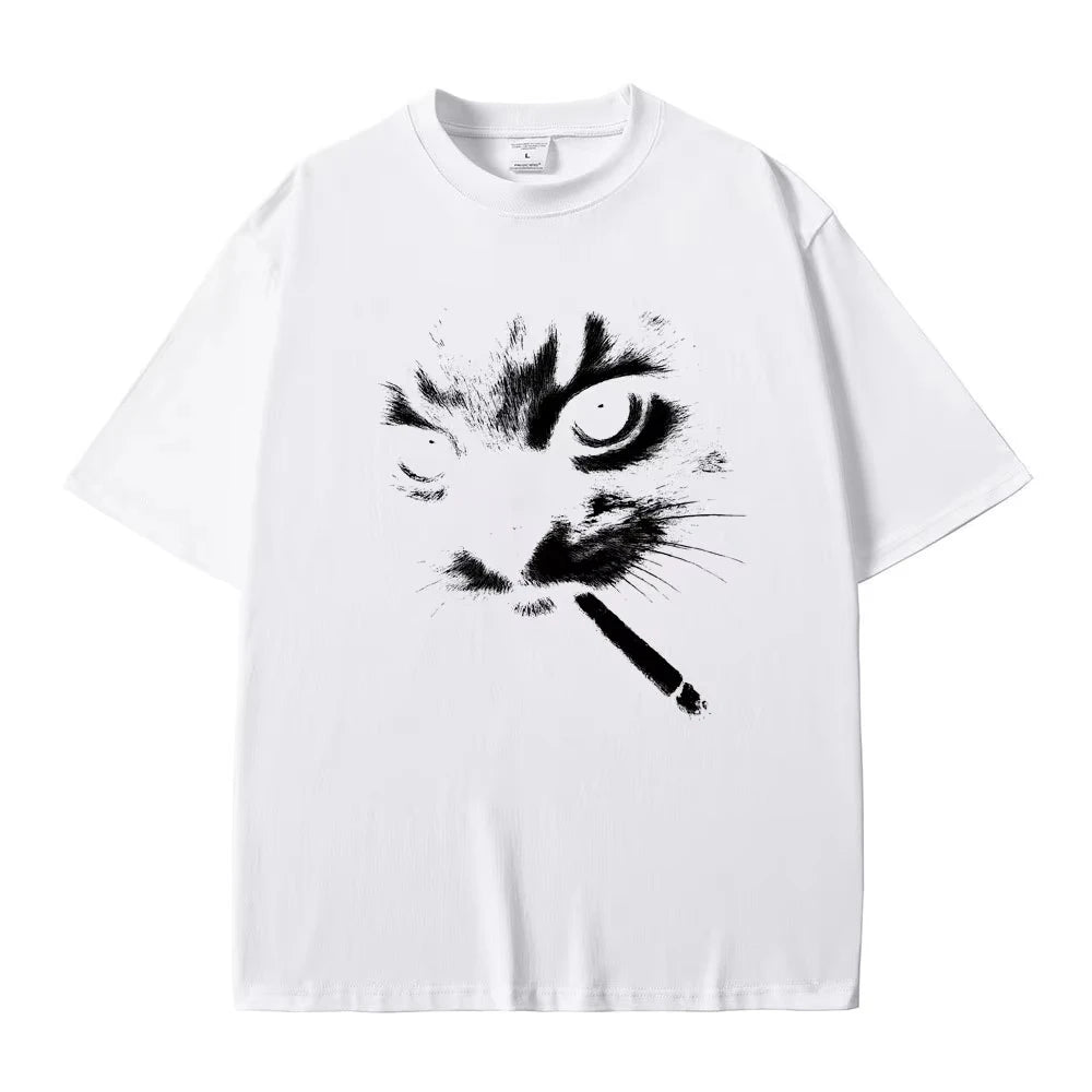 Funny Meme Smoking Cat Face Graphic T-shirts Men Women Casual Cotton Vintage T Shirts Men&