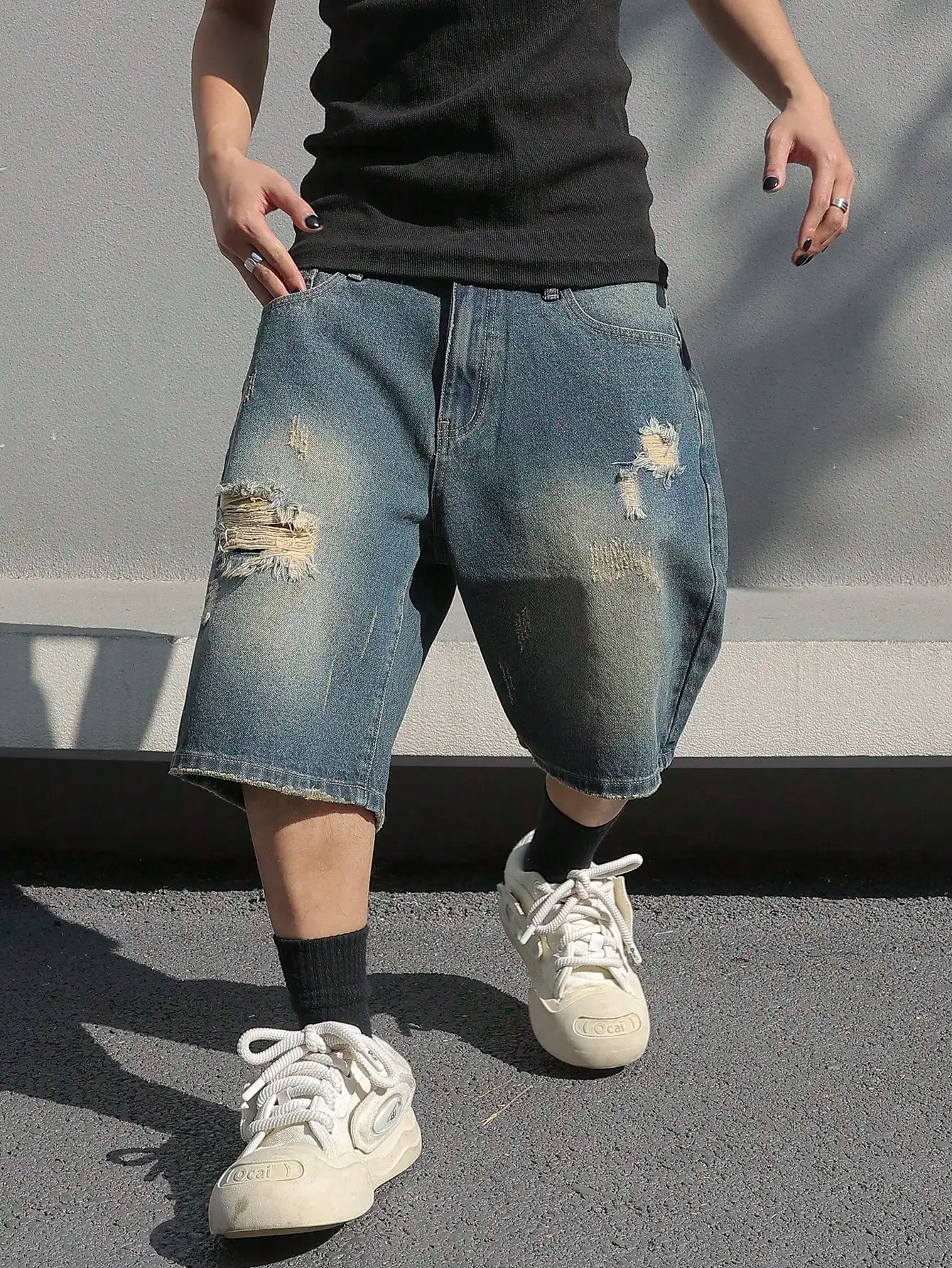 Men’s Baggy Ripped Denim Shorts | Stretchy Knee-Length Streetwear Jeans