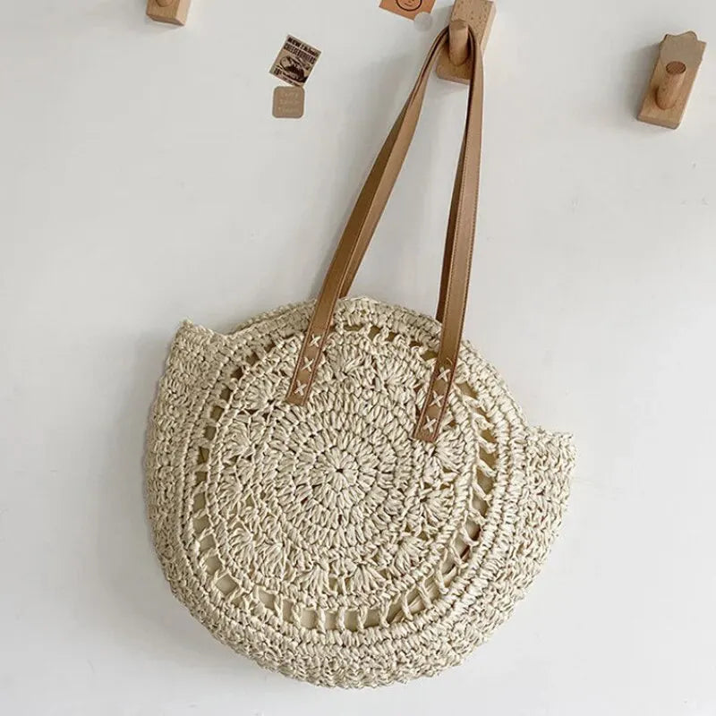 Women’s Round Straw Woven Beach Tote Shoulder Bag