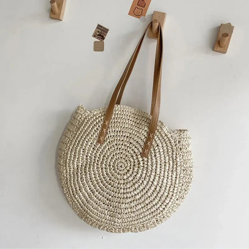 Women’s Round Straw Woven Beach Tote Shoulder Bag